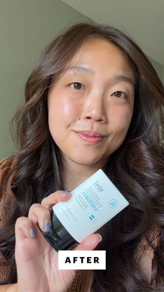 Allure contributing commerce writer Christa Joanna Lee after applying the Belif Aqua Bomb Sunscreen SPF 45