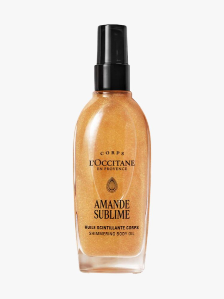 L'Occitane Instant Golden Glow Shimmering Body Oil in branded component on a light gray background